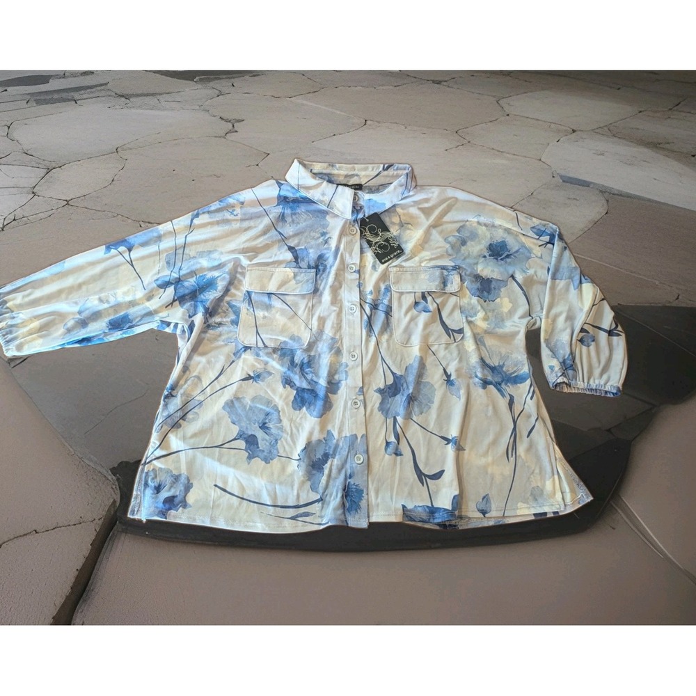 Ava & Grace Women's Watercolor Blue Floral Carnation Poppy Top Blouse XL New